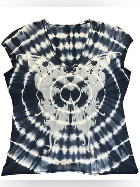 Calvin Klein Navy and White Tie-Dye V-Neck Tee with Butterfly Motif
